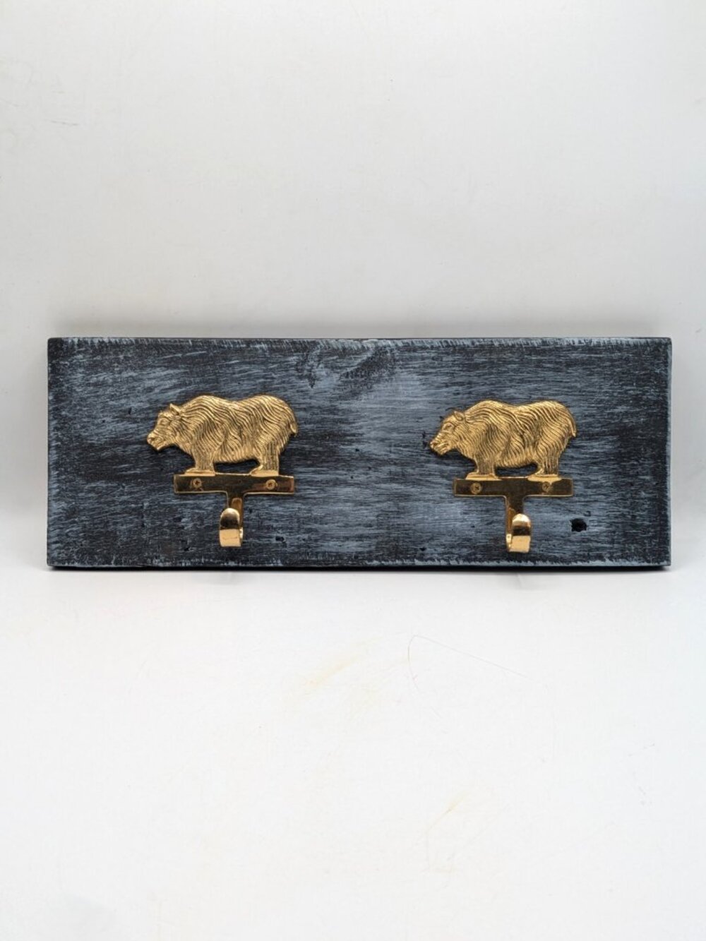 Hand Crafted Hat Key Coat Rack 2 Brass Bear Hooks Wall Mount `Blue 14.5"